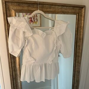 Sea NYC Heart White Ruffled Puff-Sleeve Peplum Top